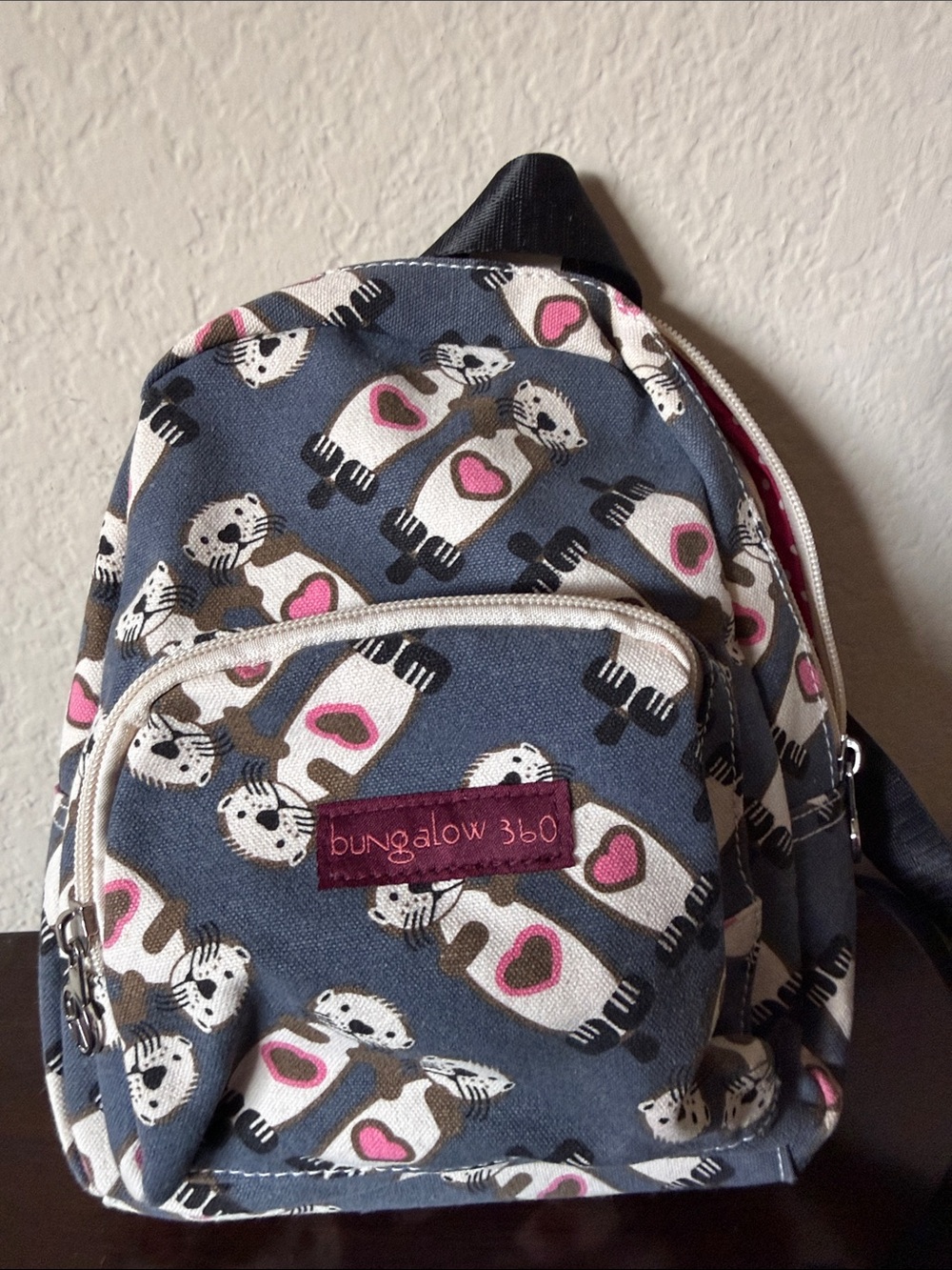 bungalow 360 Blue Gray Kids Backpack with Pink Heart Cat Print